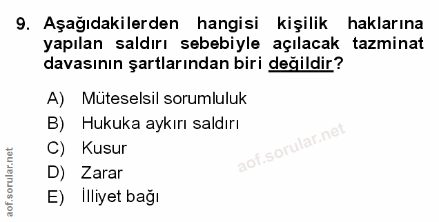 9. soru: Aşağıdakilerden hangisi kişilik haklarına yapılan saldırı sebebiyle açılacak tazminat davasının şartlarından biri değ…