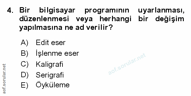 4. soru: Bir bilgisayar programının uyarlanması, düzenlenmesi veya herhangi bir değişim yapılmasına ne ad verilir? A) Edit ese…