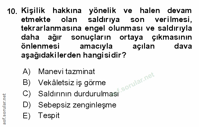 10. soru: Kişilik hakkına yönelik ve halen devam etmekte olan saldırıya son verilmesi, tekrarlanmasına engel olunması ve saldır…