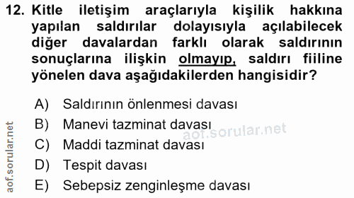 12. soru: Kitle iletişim araçlarıyla kişilik hakkına yapılan saldırılar dolayısıyla açılabilecek diğer davalardan farklı olarak…