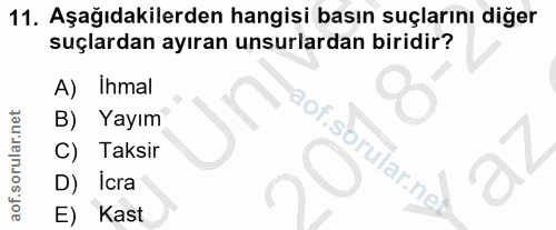 11. soru: Aşağıdakilerden hangisi basın suçlarını diğer suçlardan ayıran unsurlardan biridir? A) Ihmal B) Yayım C) Taksir .soru…