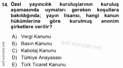 14. soru: Özel yayıncılık kuruluşlarının kuruluş aşamasında uymaları gereken koşullara bakıldığında; yayın lisansı, hangi kanun…
