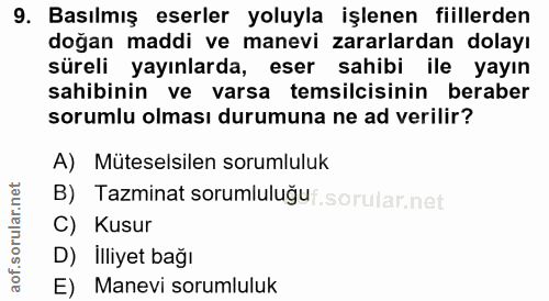 9. soru: Basılmış eserler yoluyla işlenen fiillerden doğan maddi ve manevi zararlardan dolayı süreli yayınlarda, eser sahibi i…