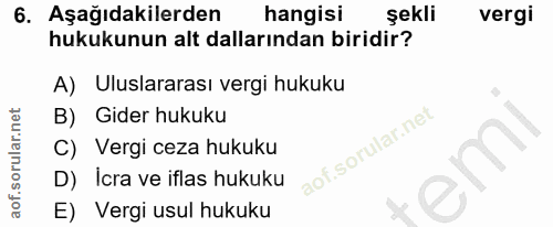6. soru: Aşağıdakilerden hangisi şekli vergi hukukunun alt dallarından biridir? A) Uluslararası vergi hukuku B) Gider hukuku C…
