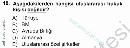 18. soru: Aşağıdakilerden hangisi uluslararası hukuk kişisi değıldir? A) Türkiye B) BM C) Avrupa Birligi aof.sorular.neh D) Alm…