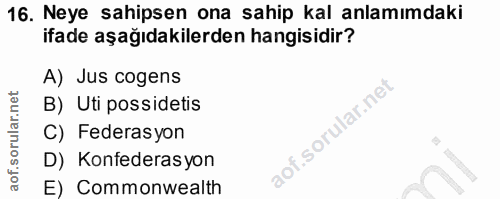 16. soru: Neye sahipsen ona sahip kal anlamımdaki ifade aşağıdakilerden hangisidir? A) Jus cogens B) Uti possidetis C) Federasy…