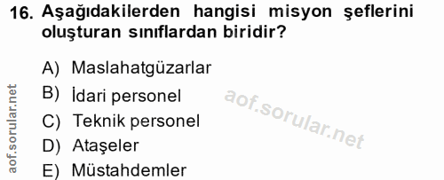 16. soru: Aşağıdakilerden hangisi misyon şeflerini oluşturan sınıflardan biridir? A) Maslahatgüzarlar B) Idari personel C) Tekn…