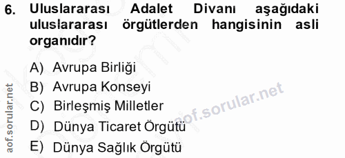 6. soru: Uluslararası Adalet Divanı aşağıdaki uluslararası örgütlerden hangisinin asli organıdır? A) Avrupa Birliği B) Avrupa…