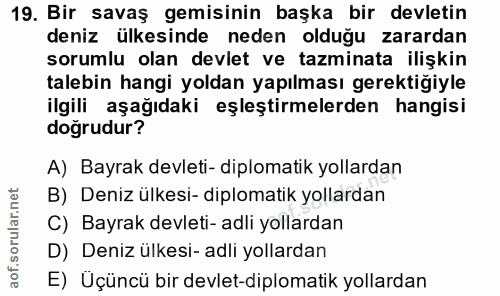 19. soru: Bir savaş gemisinin başka bir devletin deniz ülkesinde neden olduğu zarardan sorumlu olan devlet ve tazminata ilişkin…