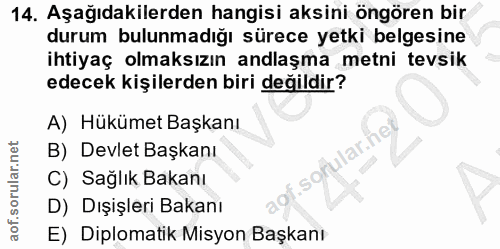 14. soru: Aşağıdakilerden hangisi aksini öngören bir durum bulunmadığı sürece yetki belgesine ihtiyaç olmaksızın andlaşma metni…