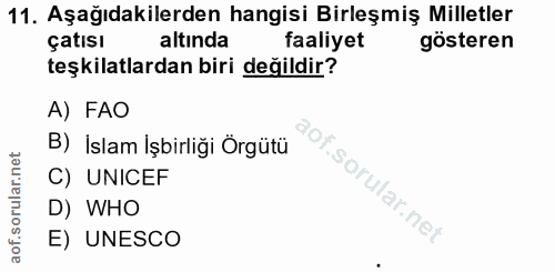 11. soru: Aşağıdakilerden hangisi Birleşmiş Milletler çatısı altinda faaliyet gösteren teşkilatlardan biri değildir? A) FAO B)…