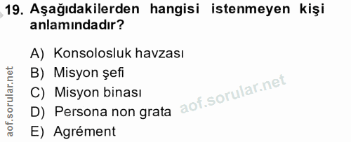 19. soru: Aşağıdakilerden hangisi istenmeyen kişi anlamındadır? A) Konsolosluk havzası B) Misyon șefi C) Misyon binası D) Perso…