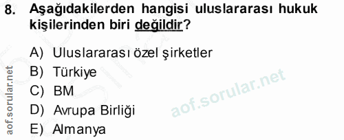 8. soru: Aşağıdakilerden hangisi uluslararası hukuk kişilerinden biri değildir? A) Uluslararası özel şirketler B) Türkiye C) B…