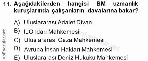 11. soru: Aşağıdakilerden hangisi BM uzmanlık kuruşlarında çalışanların davalarına bakar? A) Uluslararası Adalet Divanı B) ILO…