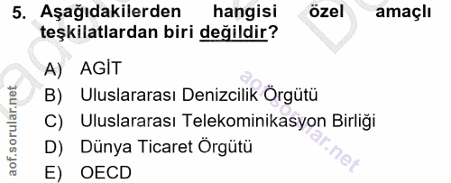 5. soru: Aşağıdakilerden hangisi özel amaçlı teşkilatlardan biri değildir? A) AGIT B) Uluslararası Denizcilik Örgütü C) Ulusla…