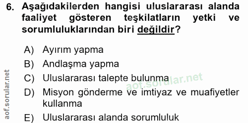 6. soru: Aşağıdakilerden hangisi uluslararası alanda faaliyet gösteren teşkilatların yetki ve sorumluluklarından biri değildir…