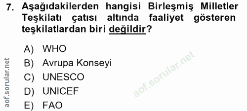 7. soru: Aşağıdakilerden hangisi Birleşmiş Milletler Teşkilatı çatısı altında faaliyet gösteren teşkilatlardan biri değildir?…