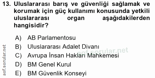 13. soru: Uluslararası barış ve güvenliği sağlamak ve korumak için güç kullanımı konusunda yetkili uluslararası organ aşağıdaki…