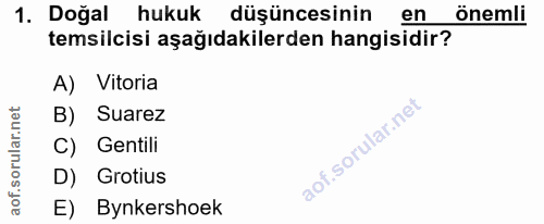 1. soru: Doğal hukuk düşüncesinin en önemli temsilcisi aşağıdakilerden hangisidir? A) Vitoria B) Suarez C) Gentili D) Grotius…