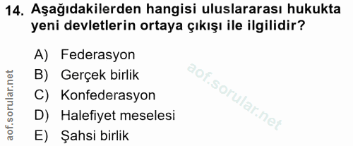14. soru: Aşağıdakilerden hangisi uluslararası hukukta yeni devletlerin ortaya çıkışı ile ilgilidir? A) Federasyon B) Gerçek bi…