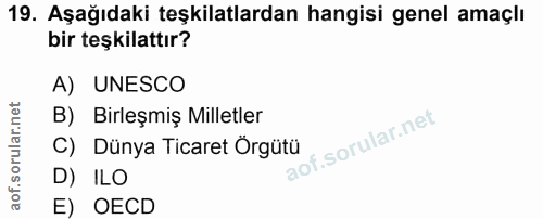 19. soru: Aşağıdaki teşkilatlardan hangisi genel amaçlı bir teşkilattır? A) UNESCO B) Birleşmiş Milletler C) Dünya Ticaret Örgü…