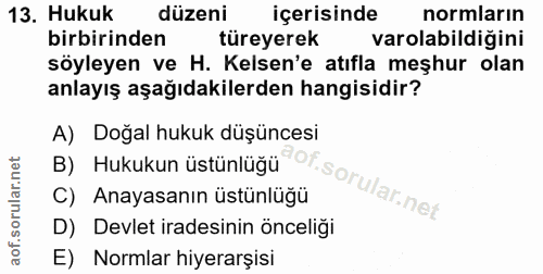 13. soru: Hukuk düzeni içerisinde normların birbirinden türeyerek varolabildiğini söyleyen ve H. Kelsen'e atıfla meşhur olan an…