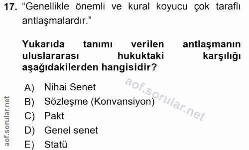 17. soru: "Genellikle önemli ve kural koyucu çok taraflı antlaşmalardır." Yukarıda tanımı verilen antlaşmanın uluslararası huku…