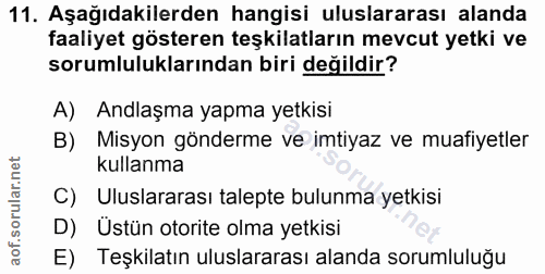 11. soru: Aşağıdakilerden hangisi uluslararası alanda faaliyet gösteren teşkilatların mevcut yetki ve sorumluluklarından biri d…