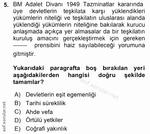 5. soru: BM Adalet Divanı 1949 Tazminatlar kararında üye devletlerin teşkilata karşı yüklendikleri yükümlerin niteliğı ve teşk…