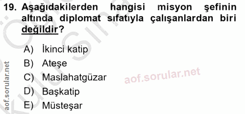 19. soru: Aşağıdakilerden hangisi misyon şefinin altında diplomat sıfatıyla çalışanlardan biri değildir? A) Ikinci katip B) Ate…
