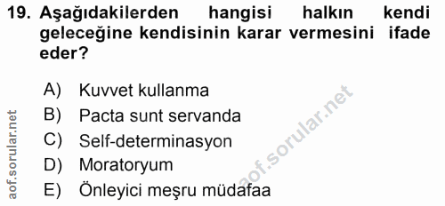 19. soru: Aşağıdakilerden hangisi halkın kendi geleceğine kendisinin karar vermesini ifade eder? A) Kuvvet kullanma B) Pacta su…