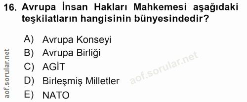 16. soru: Avrupa İnsan Hakları Mahkemesi aşağıdaki teşkilatların hangisinin bünyesindedir? A) Avrupa Konseyi B) Avrupa Birliği…
