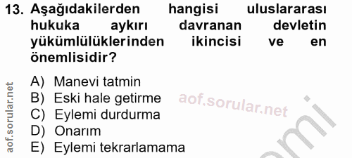 13. soru: Aşağıdakilerden hangisi uluslararası hukuka aykırı davranan devletin yükümlülüklerinden ikincisi ve en önemlisidir? A…