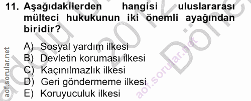 11. soru: Aşağıdakilerden hangisi uluslararası mülteci hukukunun iki önemli ayağından biridir? A) Sosyal yardım ilkesi B) Devle…