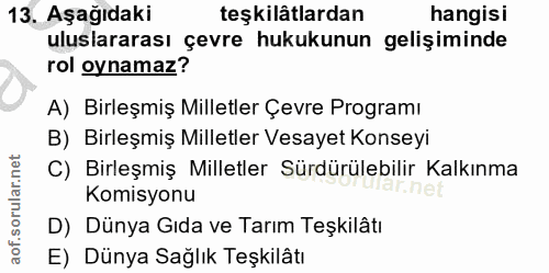 13. soru: Aşağıdaki teşkilâtlardan hangisi uluslararası çevre hukukunun gelişiminde rol oynamaz? A) Birleşmiş Milletler Çevre P…
