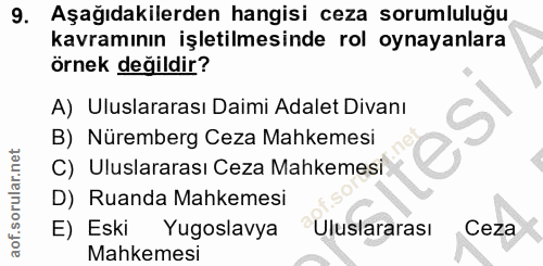 9. soru: Aşağıdakilerden hangisi ceza sorumluluğu kavramının işletilmesinde rol oynayanlara örnek değildir? A) Uluslararası Da…