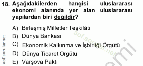 18. soru: Aşağıdakilerden hangisi uluslararası ekonomi alanında yer alan uluslararası yapılardan biri değildir? A) Birleşmiş Mi…