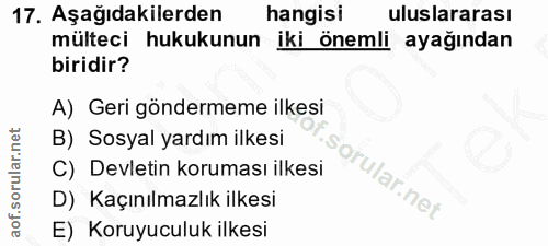 17. soru: Aşağıdakilerden hangisi uluslararası mülteci hukukunun iki önemli ayağından biridir? A) Geri göndermeme ilkesi B) Sos…