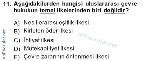 11. soru: Aşağıdakilerden hangisi uluslararası çevre hukukun temel ilkelerinden biri değildir? A) Nesillerarası eşitlik ilkesi…