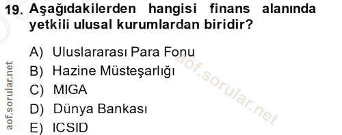 19. soru: Aşağıdakilerden hangisi finans alanında yetkili ulusal kurumlardan biridir? A) Uluslararası Para Fonu B) Hazine Müste…
