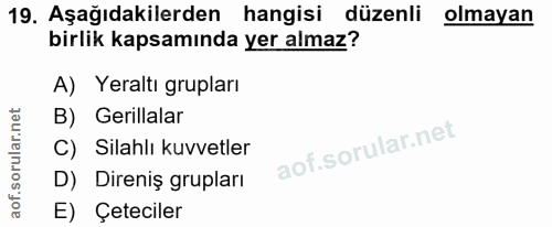 19. soru: Aşağıdakilerden hangisi düzenli olmayan birlik kapsamında yer almaz? A) Yeraltı grupları B) Gerillalar C) Silahlı kuv…