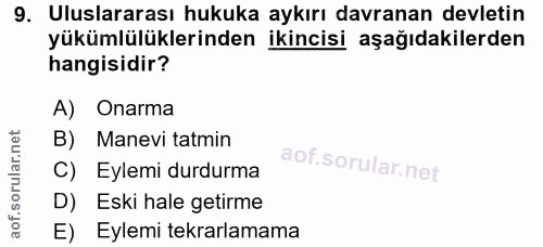 9. soru: Uluslararası hukuka aykırı davranan devletin yükümlülüklerinden ikincisi aşağıdakilerden hangisidir? A) Onarma B) Man…