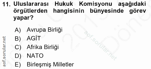 11. soru: Uluslararası Hukuk Komisyonu aşağıdaki örgütlerden hangisinin bünyesinde görev yapar? A) Avrupa Birliği B) AGIT C) Af…