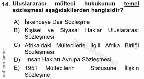 14. soru: Uluslararası mülteci hukukunun temel sözleşmesi aşağıdakilerden hangisidir? A) Işkenceye Dair Sözleşme B) Kişisel ve…