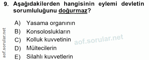 9. soru: Aşağıdakilerden hangisinin eylemi devletin sorumluluğunu doğurmaz? A) Yasama organının B) Konsoloslukların C) Kolluk…