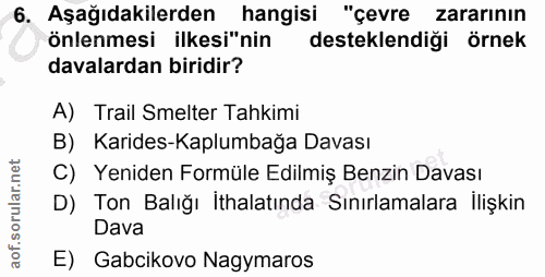 6. soru: Aşağıdakilerden hangisi "çevre zararının önlenmesi ilkesi"nin desteklendiği örnek davalardan biridir? A) Trail Smelte…