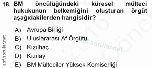 18. soru: BM öncülüğündeki küresel mülteci hukukunun belkemigini oluşturan örgüt aşağıdakilerden hangisidir? A) Avrupa Birliği…