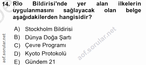 14. soru: Rio Bildirisi'nde yer alan ilkelerin uygulanmasını sağlayacak olan belge aşağıdakilerden hangisidir? A) Stockholm Bil…