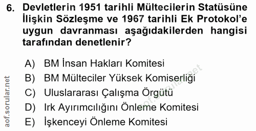 6. soru: Devletlerin 1951 tarihli Mültecilerin Statüsüne İlişkin Sözleşme ve 1967 tarihli Ek Protokol'e uygun davranması aşağı…