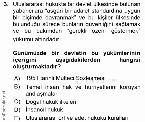 3. soru: Uluslararası hukukta bir devlet ülkesinde bulunan yabancılara "asgari bir adalet standardına uygun bir biçimde davran…